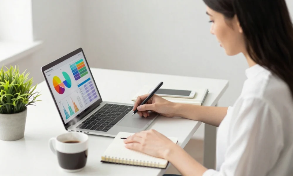 Entrepreneur developing a business plan for six figure business ideas using a laptop and strategy board in a modern home office.