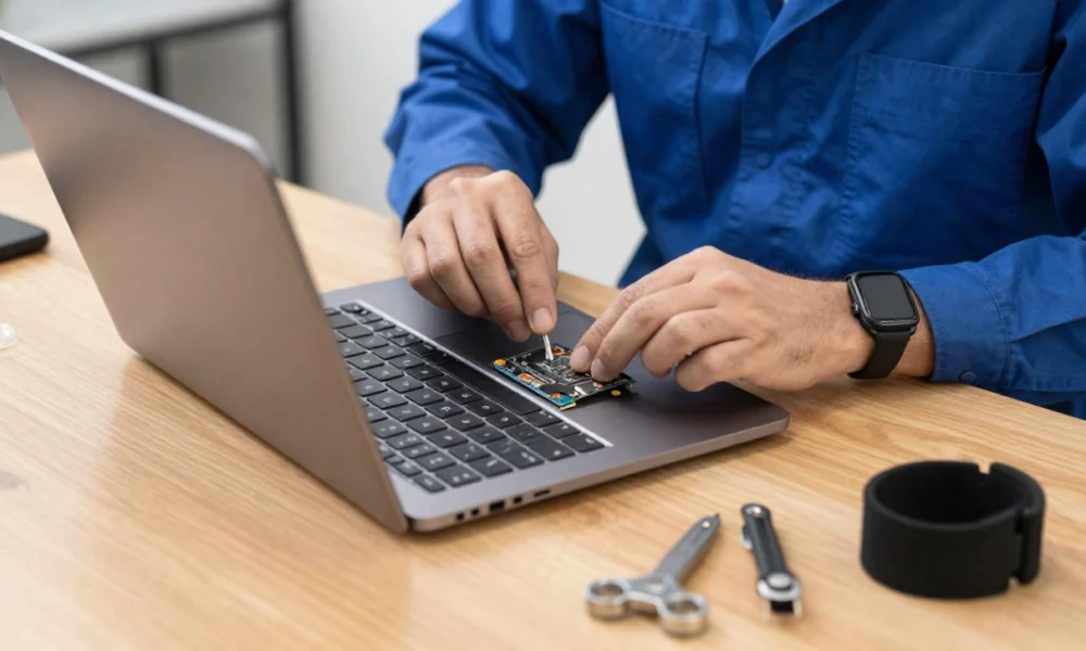 Professional computer repair technician wearing an anti-static wrist strap repairs laptop hardware in a clean, organized workshop equipped with diagnostic tools and spare parts.