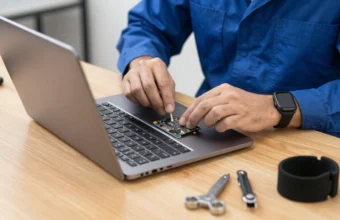 Professional computer repair technician wearing an anti-static wrist strap repairs laptop hardware in a clean, organized workshop equipped with diagnostic tools and spare parts.