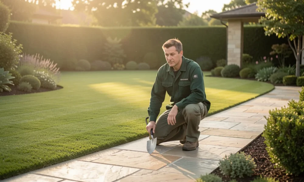 Professional landscaper inspecting lawn with zero‑turn mower and tools in residential backyard