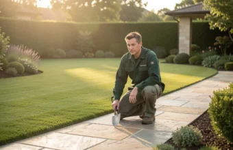 Professional landscaper inspecting lawn with zero‑turn mower and tools in residential backyard