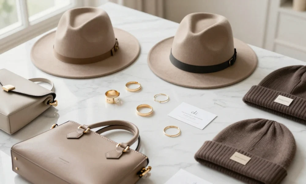 Flat lay photography of fashion accessories business products including jewelry, leather handbags, and hats arranged on marble surface for small business visual