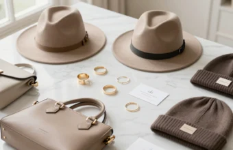 Flat lay photography of fashion accessories business products including jewelry, leather handbags, and hats arranged on marble surface for small business visual