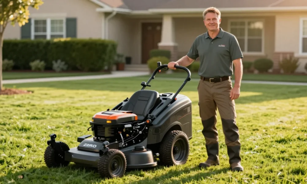 Professional landscaper standing next to commercial lawn mower on a fresh cut lawn, representing the equipment and service quality involved in starting a lawn care business.