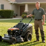 Professional landscaper standing next to commercial lawn mower on a fresh cut lawn, representing the equipment and service quality involved in starting a lawn care business.