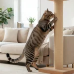 A tabby cat using a tall sisal scratching post placed next to a sofa to protect the furniture from damage.