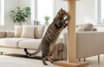 A tabby cat using a tall sisal scratching post placed next to a sofa to protect the furniture from damage.