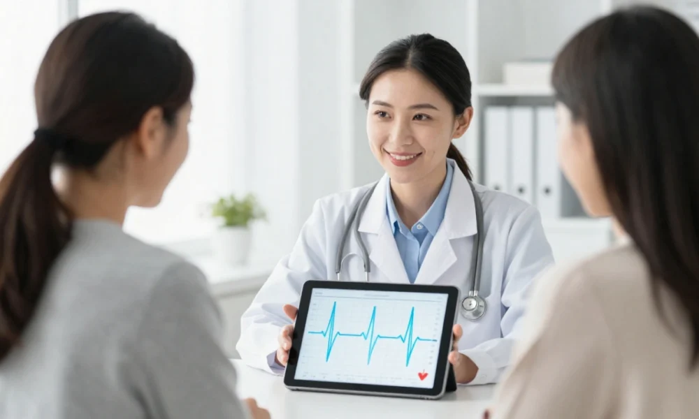 A female doctor consulting a patient on a tablet about personalised prevention, representing modern women's health advancements and future data-driven care.
