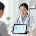 A female doctor consulting a patient on a tablet about personalised prevention, representing modern women's health advancements and future data-driven care.