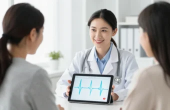 A female doctor consulting a patient on a tablet about personalised prevention, representing modern women's health advancements and future data-driven care.