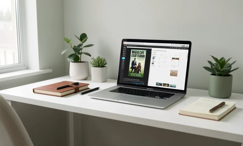 Freelance writer workspace with laptop showing client project and ebook publishing dashboard, printed book and notebook on desk, representing service-based and product-based writing business models