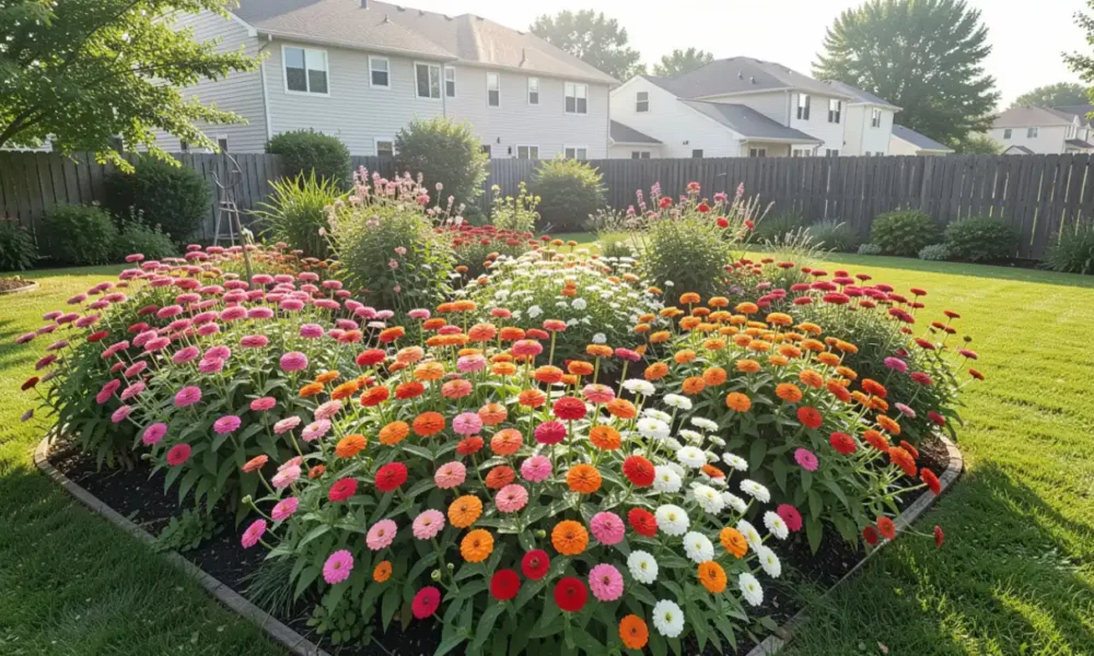 A bed of mature zinnia flowers in pink, orange, red, and white blooms under morning sunlight in a residential garden, with a tall wooden fence visible in the background