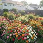 A bed of mature zinnia flowers in pink, orange, red, and white blooms under morning sunlight in a residential garden, with a tall wooden fence visible in the background