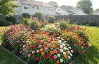 A bed of mature zinnia flowers in pink, orange, red, and white blooms under morning sunlight in a residential garden, with a tall wooden fence visible in the background