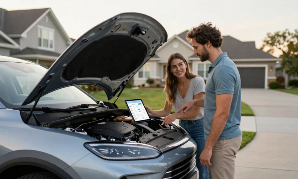 A couple reviews a budget on a tablet while inspecting the engine of their new 2026 hybrid SUV in a suburban driveway.