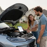 A couple reviews a budget on a tablet while inspecting the engine of their new 2026 hybrid SUV in a suburban driveway.