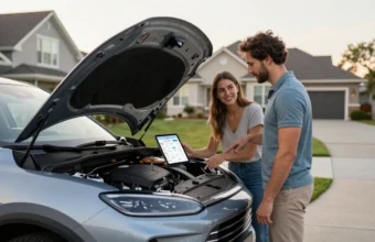 A couple reviews a budget on a tablet while inspecting the engine of their new 2026 hybrid SUV in a suburban driveway.