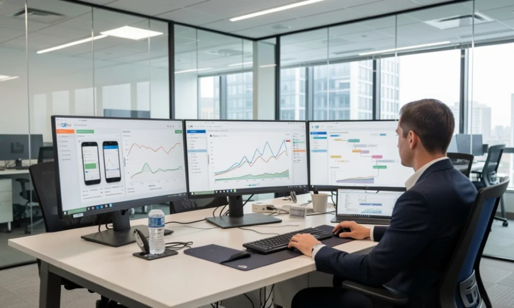 Cloud-based software testing dashboard displayed on multiple monitors with QA engineer running cross-browser and performance tests in a modern office environment