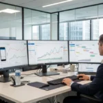 Cloud-based software testing dashboard displayed on multiple monitors with QA engineer running cross-browser and performance tests in a modern office environment