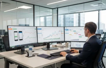 Cloud-based software testing dashboard displayed on multiple monitors with QA engineer running cross-browser and performance tests in a modern office environment