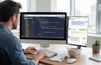 A web developer coding a PHP AI chatbot on dual monitors in a modern tech office, with code and chat interface visible.