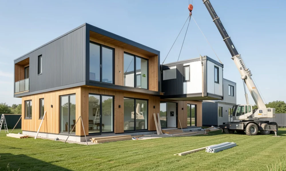 A crane installing a modern prefab building module onto a foundation at a residential construction site.
