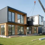 A crane installing a modern prefab building module onto a foundation at a residential construction site.