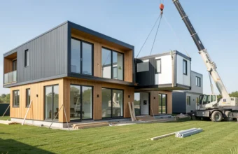 A crane installing a modern prefab building module onto a foundation at a residential construction site.