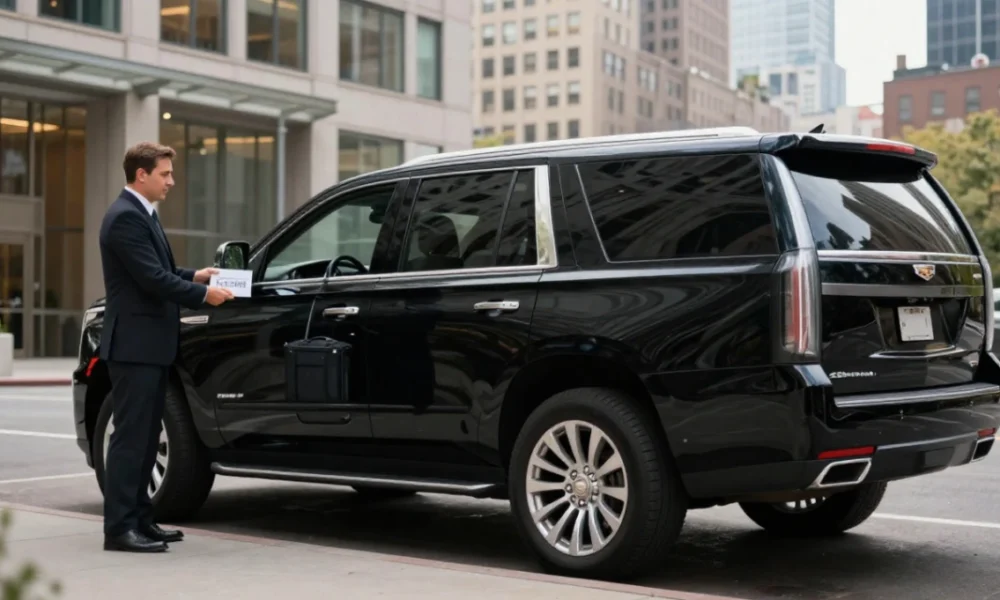 Professional NYC black car service chauffeur picking up a business traveler in a luxury SUV outside a Manhattan office building