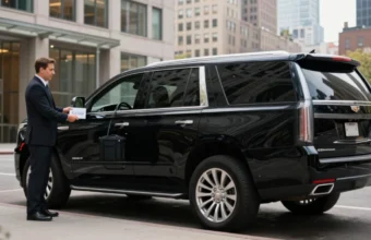 Professional NYC black car service chauffeur picking up a business traveler in a luxury SUV outside a Manhattan office building