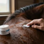 Topical CBD for horse cancer support — applying a CBD balm to a horse's shoulder in a calm stable environment