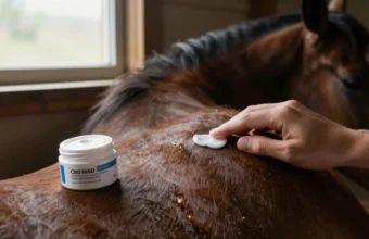 Topical CBD for horse cancer support — applying a CBD balm to a horse's shoulder in a calm stable environment