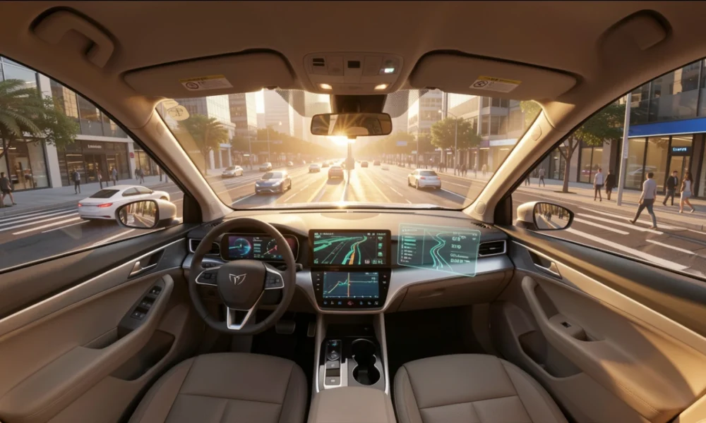 Futuristic car technology concept with holographic navigation display and smart city connectivity