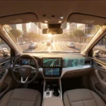 Futuristic car technology concept with holographic navigation display and smart city connectivity