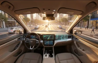 Futuristic car technology concept with holographic navigation display and smart city connectivity