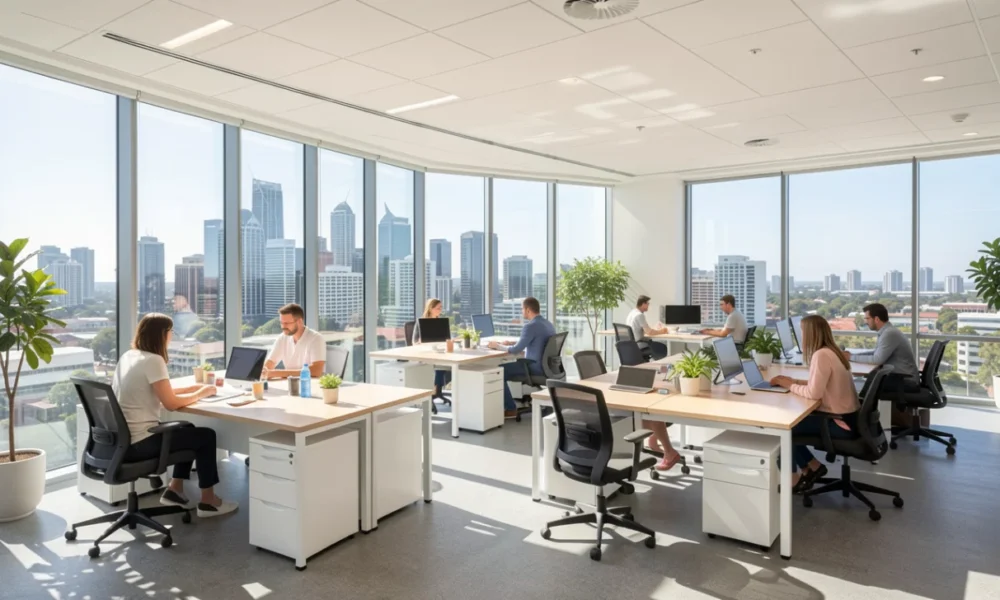 Modern open-plan office for lease in Brisbane CBD featuring city views, contemporary furniture, and collaborative workspace with natural lighting.