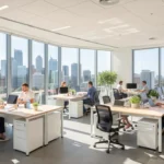 Modern open-plan office for lease in Brisbane CBD featuring city views, contemporary furniture, and collaborative workspace with natural lighting.