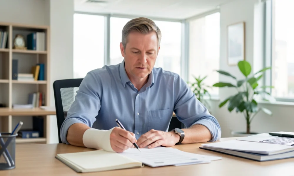man consulting with a female lawyer about personal injury recovery and a legal claim after an accident