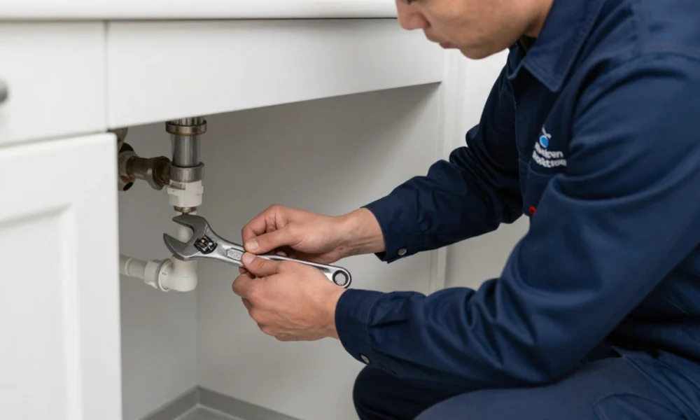 Licensed plumber repairing water pipe under bathroom sink in Singapore HDB flat, wearing uniform and safety equipment with professional tools visible