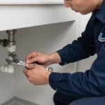 Licensed plumber repairing water pipe under bathroom sink in Singapore HDB flat, wearing uniform and safety equipment with professional tools visible
