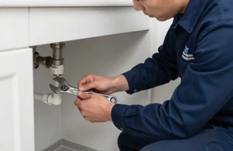 Licensed plumber repairing water pipe under bathroom sink in Singapore HDB flat, wearing uniform and safety equipment with professional tools visible