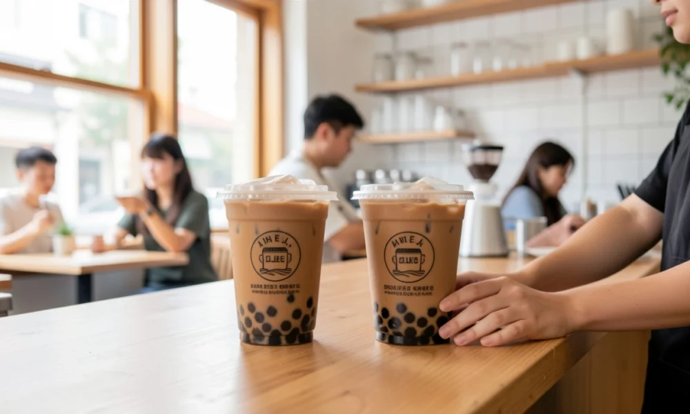 A barista hands a freshly sealed brown milk tea with tapioca pearls to a customer in a modern, bright bubble tea shop, illustrating the customer experience of a successful bubble tea business.
