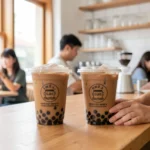 A barista hands a freshly sealed brown milk tea with tapioca pearls to a customer in a modern, bright bubble tea shop, illustrating the customer experience of a successful bubble tea business.