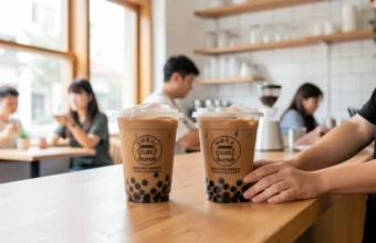 A barista hands a freshly sealed brown milk tea with tapioca pearls to a customer in a modern, bright bubble tea shop, illustrating the customer experience of a successful bubble tea business.