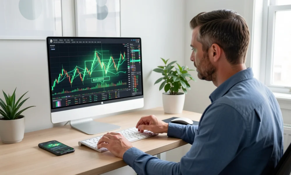 Professional investor analyzing AI cryptocurrency charts and trading data on a computer monitor in a modern home office, representing AI cryptocurrency investing and market analysis in 2026.