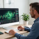 Professional investor analyzing AI cryptocurrency charts and trading data on a computer monitor in a modern home office, representing AI cryptocurrency investing and market analysis in 2026.