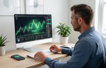 Professional investor analyzing AI cryptocurrency charts and trading data on a computer monitor in a modern home office, representing AI cryptocurrency investing and market analysis in 2026.