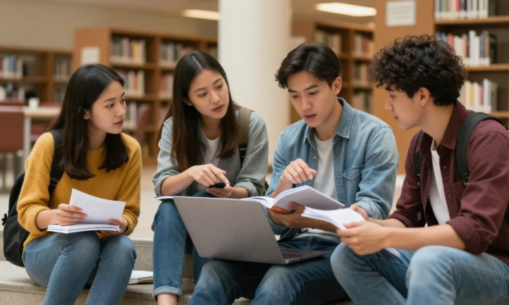 College students practicing academic communication skills through a collaborative group discussion in a university library.