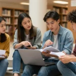 College students practicing academic communication skills through a collaborative group discussion in a university library.