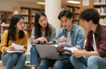 College students practicing academic communication skills through a collaborative group discussion in a university library.